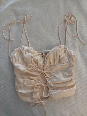 Ruched Satin Tie-Front Crop Top in Blush